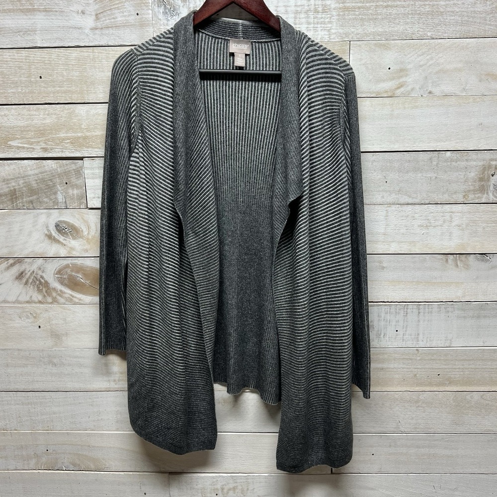 Chicos Cardigan Sweater Womens 1‎ US Medium Gray Mixed Stripe Open Asymetrical
